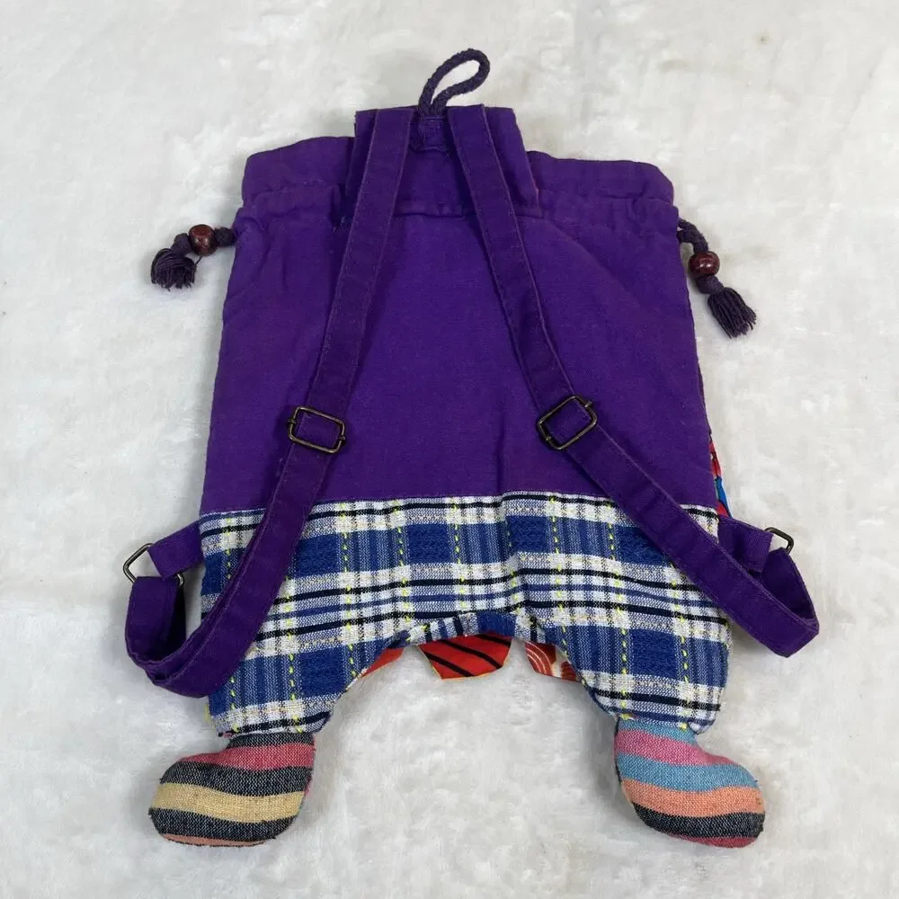 Handmade Patchwork Colorful Cat Drawstring Backpack Purple Multi-Color Charity